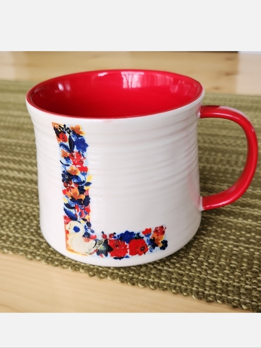 New Anthropologie Nathalie Lete Bouquet Monogram L Ceramic coffee Mug White Red